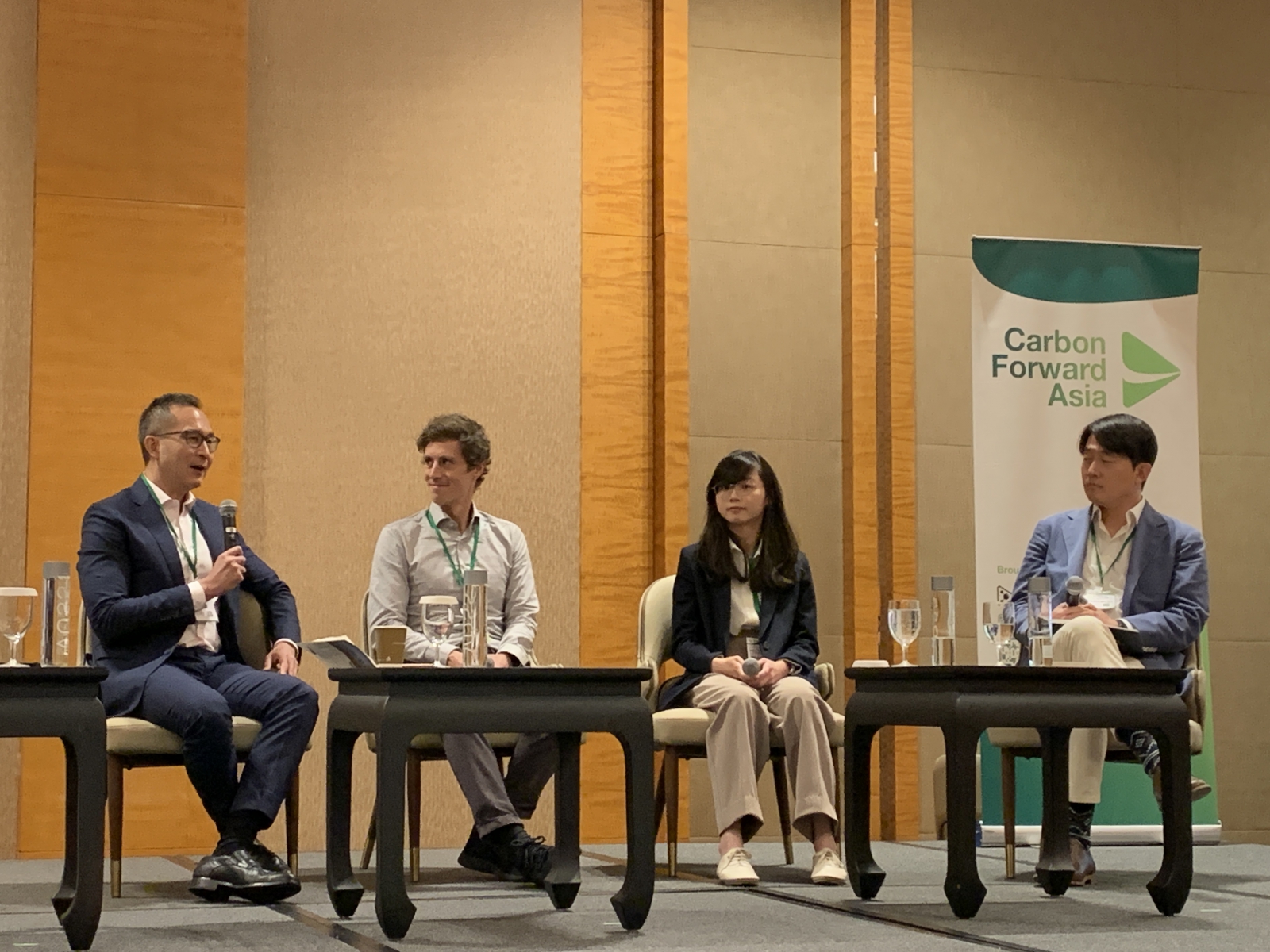 At the annual Asia-Pacific carbon market event Carbon Forward Asia, a panel titled “Removals: Putting the Net into Net-Zero” was held on March 5. From left: Alvin Lee, Regional Head APAC at Puro.Earth; Ikarus Janzen, Chief Commercial Officer at Varaha; Stephanie Chiang, senior research analyst at Wood Mackenzie; and Leo Park, Vice President at Capture6.